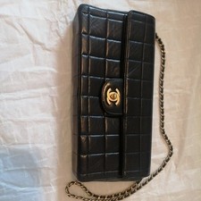 Chanel Vintage East West Chocolate Bar Leather Handbag Black 