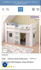 GLTC Paddington Mid cabin bed + grey star play curtains + GLTC mattress + shelf