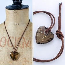 Genuine Swarowski Crystal Heart Pendant Necklace Smoky Quartz Brown Cord Signed