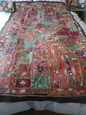 Vintage Handmade Indian Mirror Work Patchwork Textile: Hanging, Throw. 72" x 43"