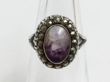 Antique Sterling Silver Blue John & Marcasite Ring Size L 1920 2.8g