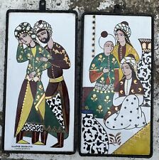 Vintage Pair Kitsch Turkish Folk Cahide Keskiner Art Wall Hanging Tiles MCM