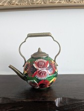 Vintage Miniature Hand Painted Copper Teapot Barge Art Or Canalware Ornament