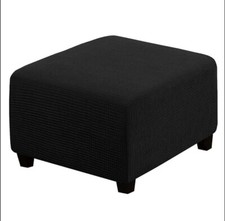 Square Footstool Cover Stretch Ottoman Cover Plush, 10% Thicker Large Black