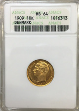 DENMARK  GOLD  SOVEREIGN  1909  10 kroner  SLABBED  GEM MS64  RARE CV $2500.00