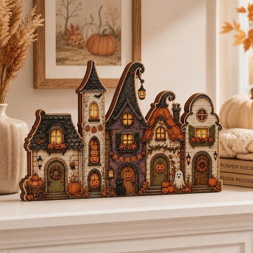 Halloween wooden block - halloween, village