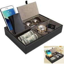 Faux Leather Men's Valet Tray with 5 Compartments Tray Organizer Dresser Box UK