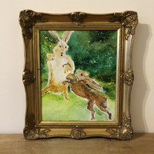 Hare Rabbit Fight Impressionist Oil Painting