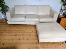 Furniture Village 3 seater cream leather sofa & matching footstool