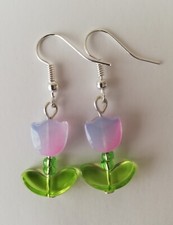 Drop / Dangle Spring Tulip Earrings - Pink & Blue Glass Tulips 