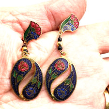 Blue floral dangle earrings Cloisonne gold tone metal 4.5 cm Costume Jewellery