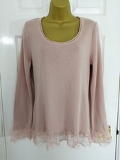 SAVIDA Size XL (UK 14-16) Pastel Peach Jumper Lace Trim Fringe Hem Long Sleeve 
