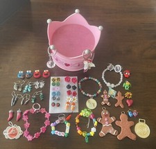 Girls Princess Pink Crown Costume Jewllery Box With Homemade Earrings & Bracelet