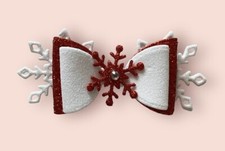 Christmas Hair Bow Red & White Sparkling Glitter  Snowflake Hair Clip UK