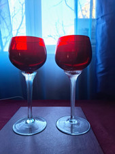 Vintage Bohemian "Jones Crystal Glass" Couple Of Red Hock Glasses, Boxed.