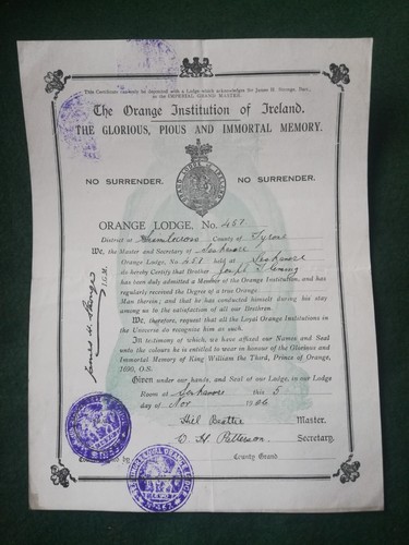 1906 orange lodge certificate - orange,