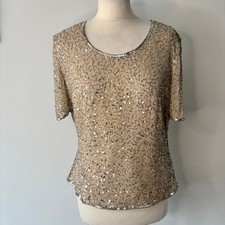 Frank Usher Silk Sequin Top Size 14 Beige Silver Evening Party Wear Christmas
