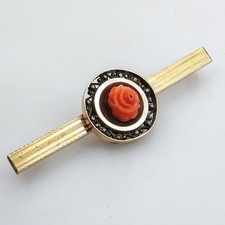 Antique Coral Rose Bar Brooch 14ct Gold Roundel Victorian Edwardian Heirloom