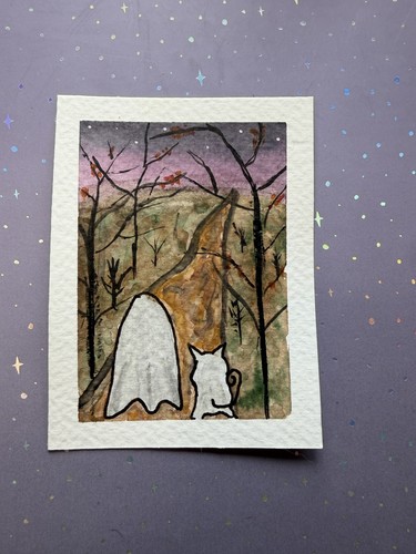 Ghost kitty fall walk aceo - , art