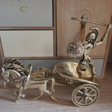 Vintage Brass Roman or Greek Chariot Soldier Figure With Spear And Horses