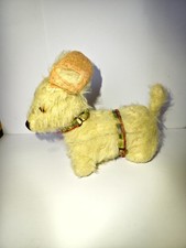 Vintage mohair toy dog, a bit threadbare, tartan collar, unbranded 9 inches long