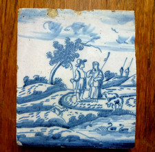 Antique Dutch Blue White Delft Tile Shepherd Sheep Dog Swans