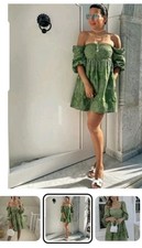 Beautiful Zara Green Short Embroidery Dress Cut Out, Puff Sleeves