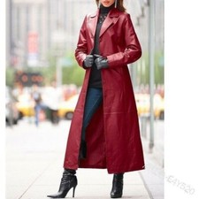 Stylish Ladies Long Pu Leather Coat Stand Up Collar Slim Fit Biker Jacket Trench