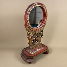 Antique Chinese Hand Carved Mirror Stand Dragon Red Gold Gilt Wood Oriental