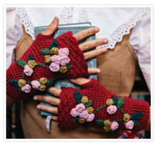 Applied flowers unique fingerless gloves CROCHET PATTERN keep warm New