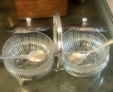 MAYELL SILVER PLATE ON STEEL EPOS STAND & HOLDERS, GLASS CONDIMENT DISHES/SPOONS