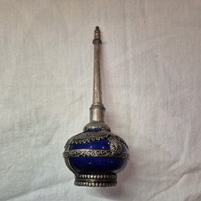 Vintage Moroccan Cobalt Blue Perfume Bottle with Ornate Silver Toned Overlay