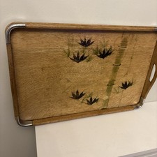 Vintage Mid Century Bamboo Japanese serving tray handles wood & metal Foreign 