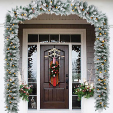 9FT Deluxe Super Thick Christmas Garland & LED Snow Flocked Fireplace Door Decor