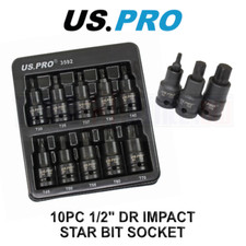 US PRO Tools 10PC 1/2" DR Torx Impact Star Bit Socket Set T20 - T70 3592
