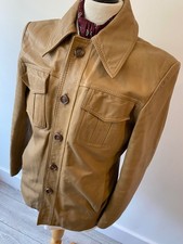 VINTAGE mens 70's SOFT BEIGE LEATHER 4 POCKET RETRO SAFARI JACKET BLAZER 40"