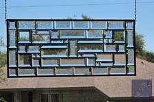 Contemporary clear stained glass panel, rectangular window hanging,28 1/2x12 1/2