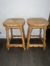 Stunning Pair Vintage Wood & Woven Rattan / Wicker Stools Breakfast Bar / Table