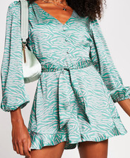 River Island Playsuit Size 10 Green Long Sleeve Satin Party Elegant Stylish Chic