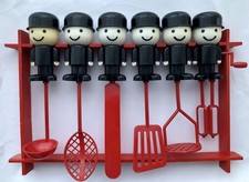 Vintage Homepride Fred Kitchen Set, All 6 Utensils, Flour Grader, handmade rack.