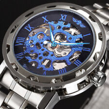 Mens Mechanical Watches Steel Skeleton Hand Wind Up Auto Automatic Wrist Watch