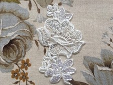 Sew on vintage 80's embroidered white fabric flower sequin applique, motif, trim