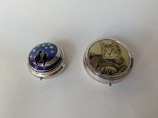 2x Vintage Metal Round Trinket Pill Box Cat Kitty With Lid Hinged