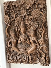 Hand Carved Decorative Wooden Panel - Hanging Wall Decor Art approx 40cm x 16cm