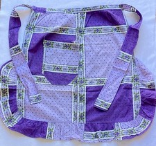 70’s Apron Pinny Polka Dot Floral Purple Lilac Vintage Frilly Kitchenwear 