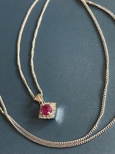 18ct White Gold Ruby Diamond Necklace Square  Halo Cluster Pendant  18" Chain 4g