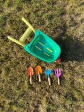 Children's Toy Green and Yellow Wheelbarrow with Garden Tools