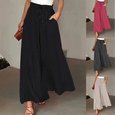 Womens High Elastic Waist Wide Leg Baggy Pants Culotte Palazzo Trousers Dress UK