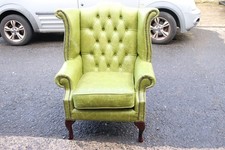 High Back Armchair Real Leather Premium Vintage Green Olive Chesterfield