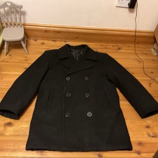 Vintage Large Heavy Wool Double Breasted Black Pea Coat USN Military 